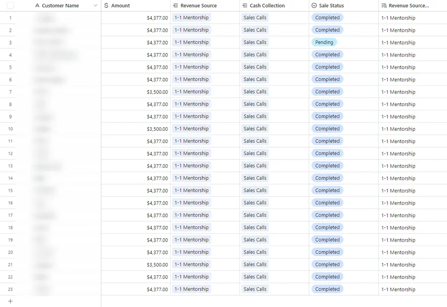 sales record, every row a 1-on-1 mentorship close at $4,377
